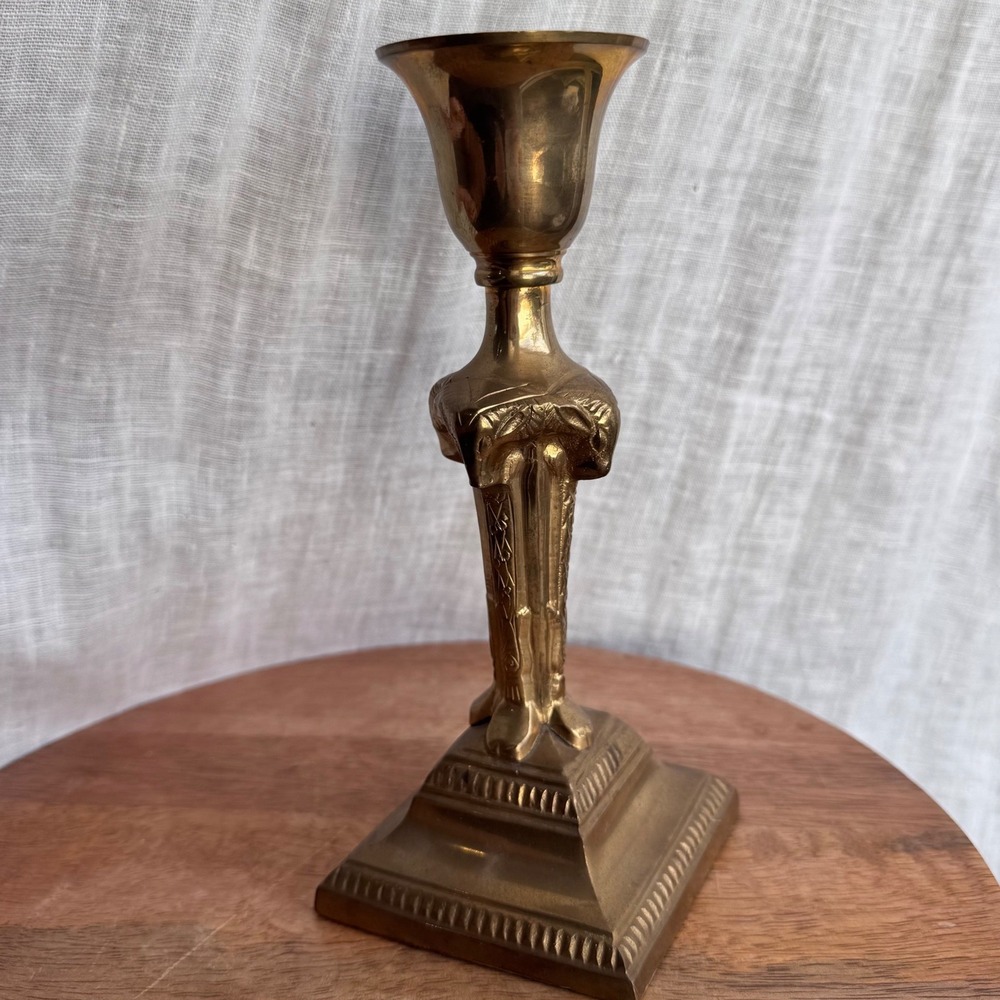 Vintage Brass Ram Head Taper Candle Holder 8in Gold Ornate Square Base